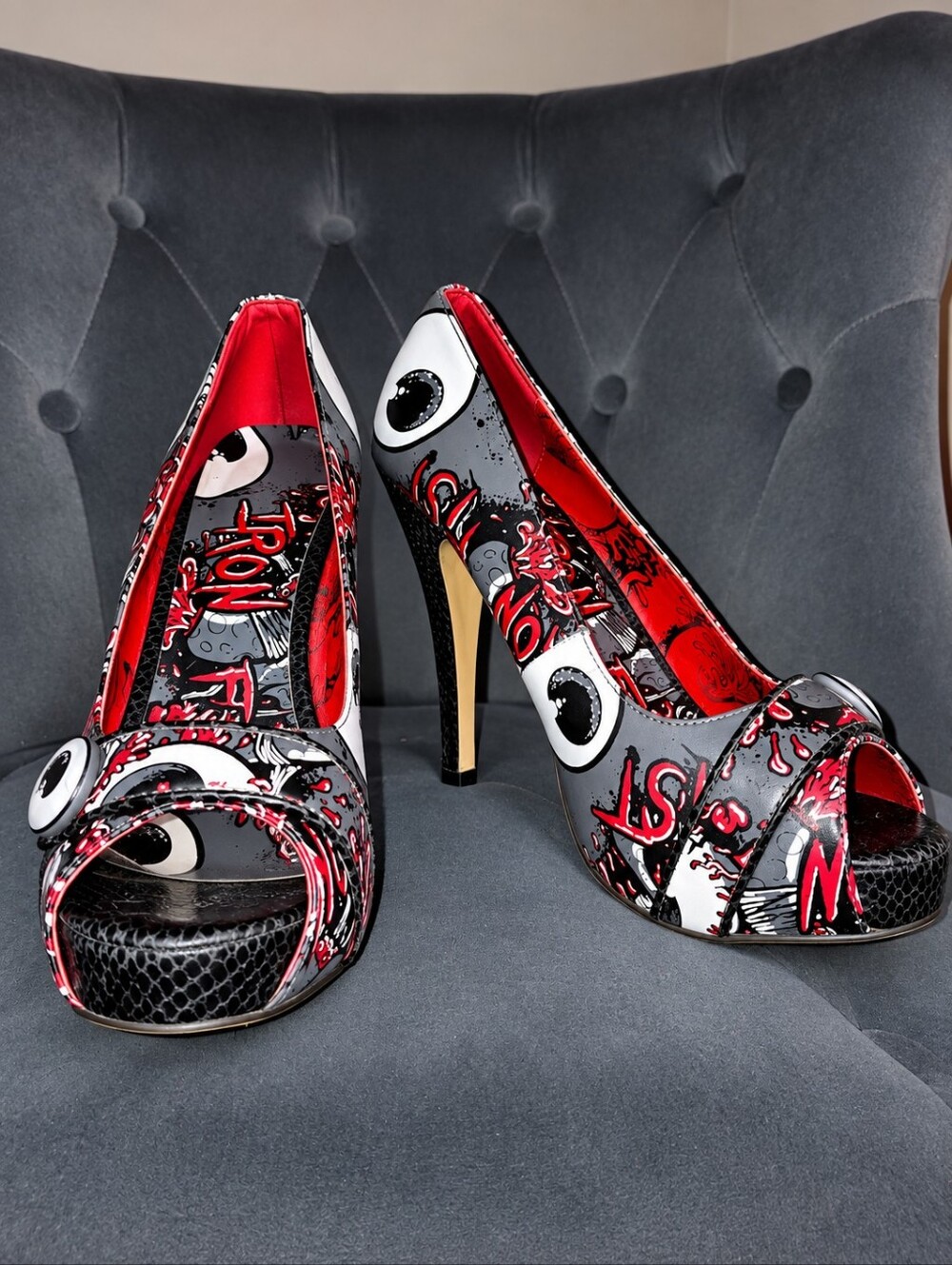 Rare Iron Fist Demon Stomper Heels US 8 Y2K Eyeball Horror Goth Platform Pumps
